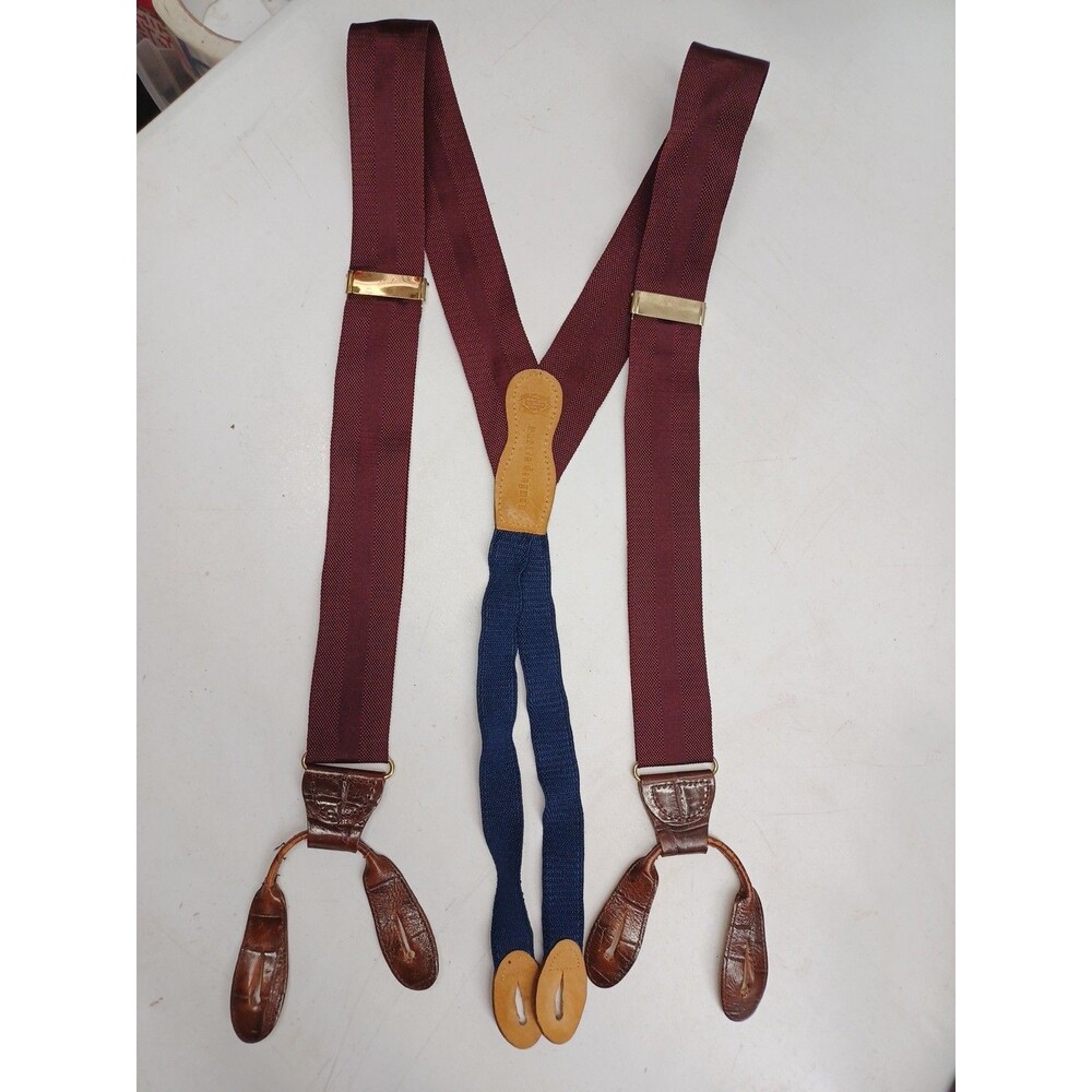 Vtg Martin Dingman Suspenders Braces Alligator Leather Button Burgundy Blue